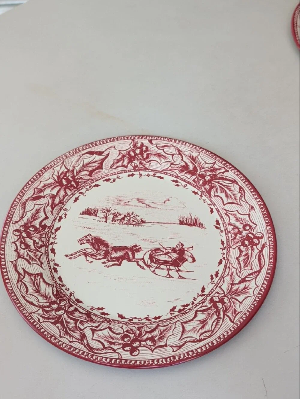Restoration Hardware Cream Red Victorian Style 4 Tin Plates W/ Container Holiday